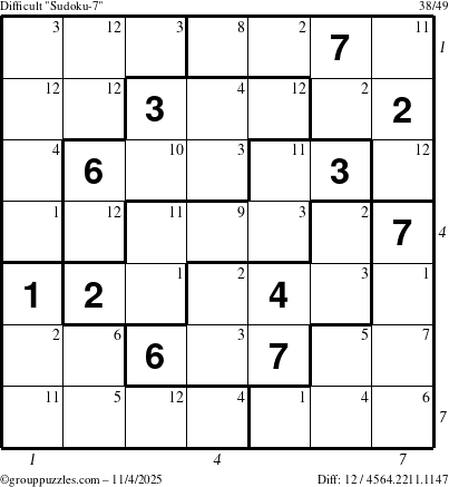 The grouppuzzles.com Difficult Sudoku-7 puzzle for Tuesday November 4, 2025, suitable for printing, with all 12 steps marked