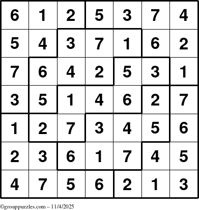 The grouppuzzles.com Answer grid for the Sudoku-7 puzzle for Tuesday November 4, 2025
