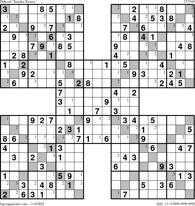 The grouppuzzles.com Difficult Sudoku-Xtreme puzzle for Tuesday November 4, 2025 with the first 3 steps marked