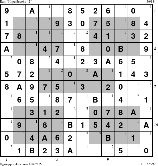 The grouppuzzles.com Easy HyperSudoku-12 puzzle for Tuesday November 4, 2025, suitable for printing, with all 3 steps marked