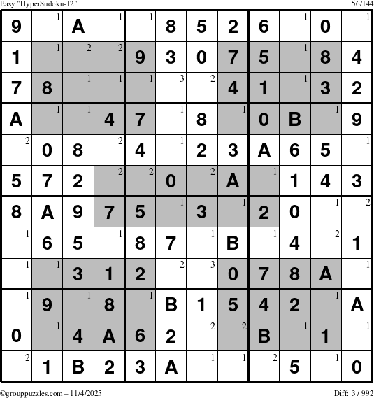 The grouppuzzles.com Easy HyperSudoku-12 puzzle for Tuesday November 4, 2025 with the first 3 steps marked