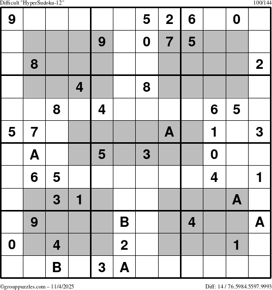 The grouppuzzles.com Difficult HyperSudoku-12 puzzle for Tuesday November 4, 2025