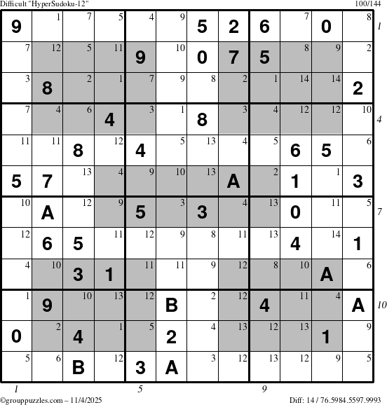 The grouppuzzles.com Difficult HyperSudoku-12 puzzle for Tuesday November 4, 2025 with all 14 steps marked