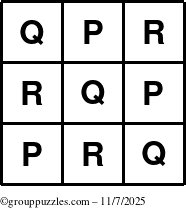 The grouppuzzles.com Answer grid for the TicTac-PQR puzzle for Friday November 7, 2025