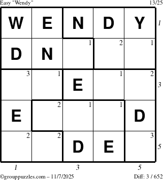 The grouppuzzles.com Easy Wendy puzzle for Friday November 7, 2025 with all 3 steps marked
