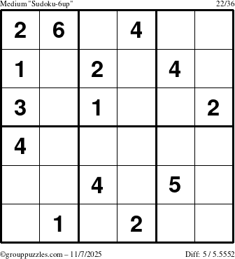 The grouppuzzles.com Medium Sudoku-6up puzzle for Friday November 7, 2025