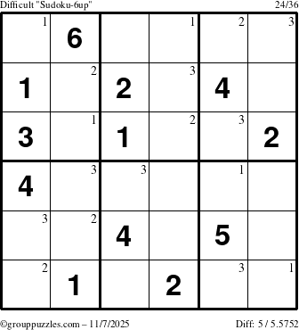The grouppuzzles.com Difficult Sudoku-6up puzzle for Friday November 7, 2025 with the first 3 steps marked