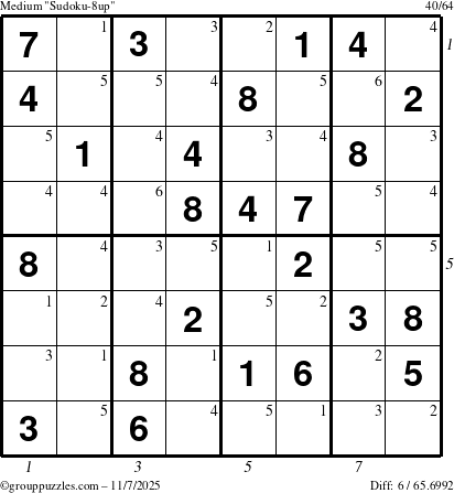The grouppuzzles.com Medium Sudoku-8up puzzle for Friday November 7, 2025 with all 6 steps marked