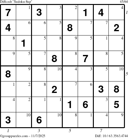 The grouppuzzles.com Difficult Sudoku-8up puzzle for Friday November 7, 2025 with all 10 steps marked