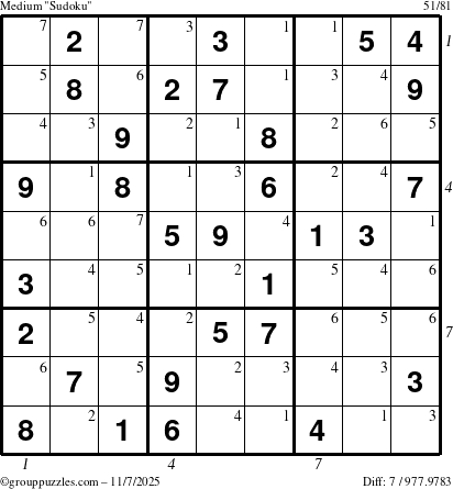 The grouppuzzles.com Medium Sudoku puzzle for Friday November 7, 2025, suitable for printing, with all 7 steps marked