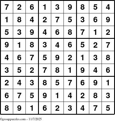 The grouppuzzles.com Answer grid for the Sudoku puzzle for Friday November 7, 2025