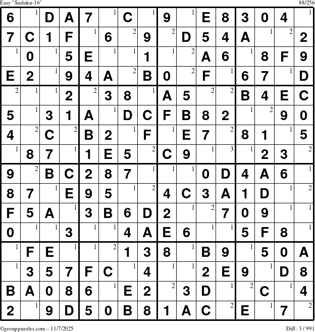 The grouppuzzles.com Easy Sudoku-16 puzzle for Friday November 7, 2025 with the first 3 steps marked
