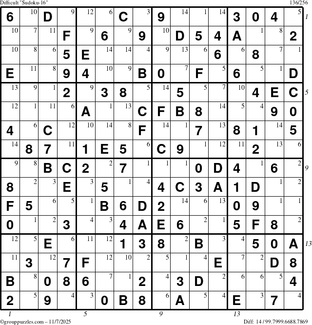 The grouppuzzles.com Difficult Sudoku-16 puzzle for Friday November 7, 2025, suitable for printing, with all 14 steps marked