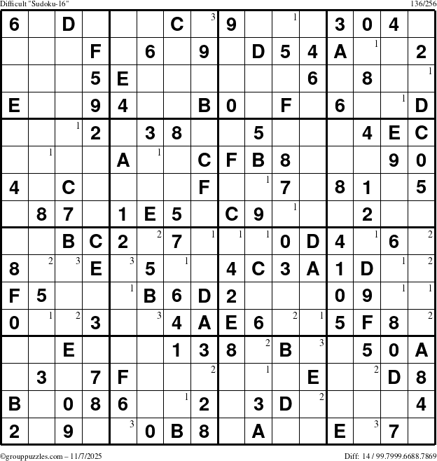 The grouppuzzles.com Difficult Sudoku-16 puzzle for Friday November 7, 2025 with the first 3 steps marked