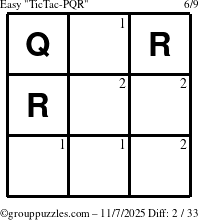 The grouppuzzles.com Easy TicTac-PQR puzzle for Friday November 7, 2025 with the first 2 steps marked