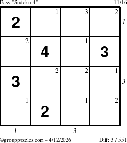 The grouppuzzles.com Easy Sudoku-4 puzzle for Sunday April 12, 2026 with all 3 steps marked