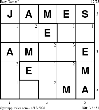 The grouppuzzles.com Easy James puzzle for Sunday April 12, 2026, suitable for printing, with all 3 steps marked