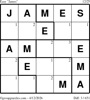 The grouppuzzles.com Easy James puzzle for Sunday April 12, 2026 with the first 3 steps marked