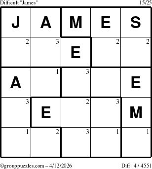 The grouppuzzles.com Difficult James puzzle for Sunday April 12, 2026 with the first 3 steps marked