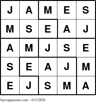 The grouppuzzles.com Answer grid for the James puzzle for Sunday April 12, 2026