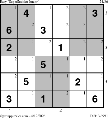 The grouppuzzles.com Easy SuperSudoku-Junior puzzle for Sunday April 12, 2026 with all 3 steps marked