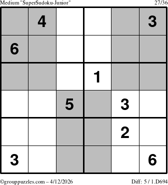 The grouppuzzles.com Medium SuperSudoku-Junior puzzle for Sunday April 12, 2026