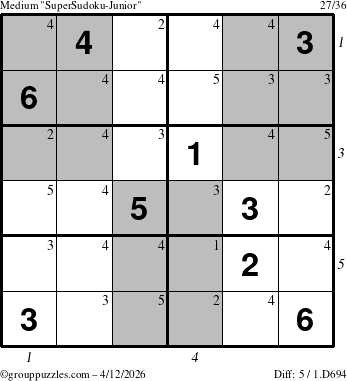 The grouppuzzles.com Medium SuperSudoku-Junior puzzle for Sunday April 12, 2026 with all 5 steps marked