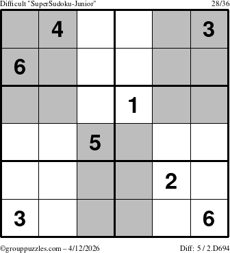 The grouppuzzles.com Difficult SuperSudoku-Junior puzzle for Sunday April 12, 2026