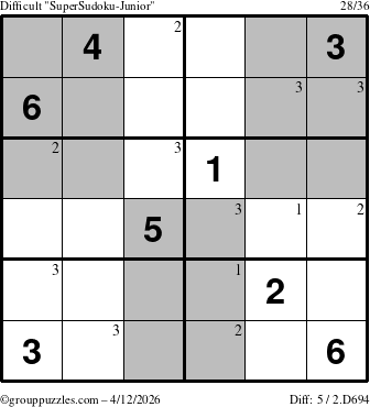 The grouppuzzles.com Difficult SuperSudoku-Junior puzzle for Sunday April 12, 2026 with the first 3 steps marked