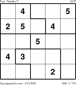 The grouppuzzles.com Easy Sudoku-5 puzzle for Sunday April 12, 2026