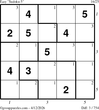 The grouppuzzles.com Easy Sudoku-5 puzzle for Sunday April 12, 2026, suitable for printing, with all 3 steps marked