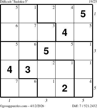 The grouppuzzles.com Difficult Sudoku-5 puzzle for Sunday April 12, 2026, suitable for printing, with all 7 steps marked
