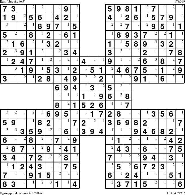 The grouppuzzles.com Easy Sudoku-by5 puzzle for Sunday April 12, 2026 with the first 3 steps marked