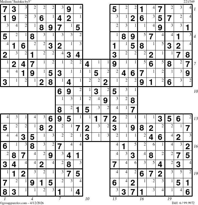 The grouppuzzles.com Medium Sudoku-by5 puzzle for Sunday April 12, 2026, suitable for printing, with all 6 steps marked