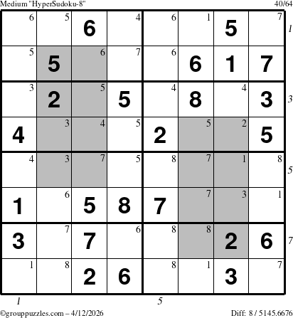 The grouppuzzles.com Medium HyperSudoku-8 puzzle for Sunday April 12, 2026 with all 8 steps marked