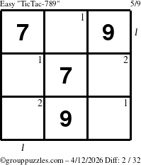 The grouppuzzles.com Easy TicTac-789 puzzle for Sunday April 12, 2026, suitable for printing, with all 2 steps marked
