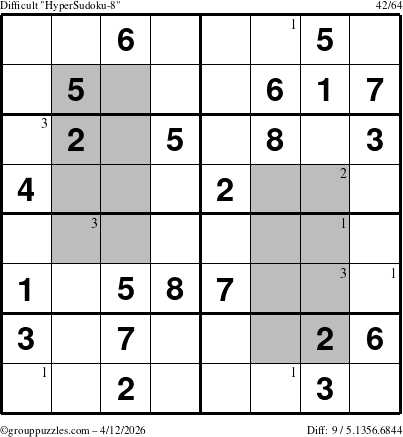 The grouppuzzles.com Difficult HyperSudoku-8 puzzle for Sunday April 12, 2026 with the first 3 steps marked
