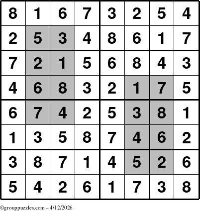 The grouppuzzles.com Answer grid for the HyperSudoku-8 puzzle for Sunday April 12, 2026