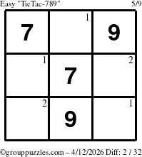The grouppuzzles.com Easy TicTac-789 puzzle for Sunday April 12, 2026 with the first 2 steps marked