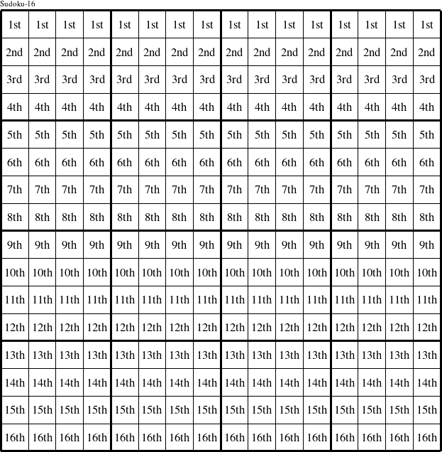 Each row is a group numbered as shown in this Sudoku-16 figure.
