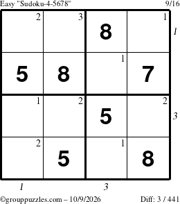 The grouppuzzles.com Easy Sudoku-4-5678 puzzle for Friday October 9, 2026, suitable for printing, with all 3 steps marked
