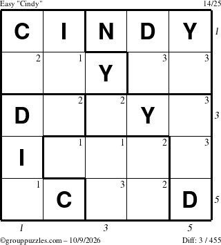 The grouppuzzles.com Easy Cindy puzzle for Friday October 9, 2026, suitable for printing, with all 3 steps marked