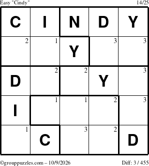 The grouppuzzles.com Easy Cindy puzzle for Friday October 9, 2026 with the first 3 steps marked