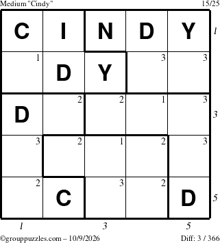 The grouppuzzles.com Medium Cindy puzzle for Friday October 9, 2026 with all 3 steps marked