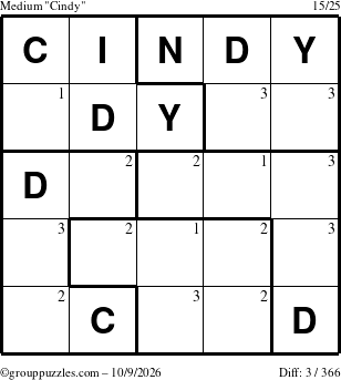 The grouppuzzles.com Medium Cindy puzzle for Friday October 9, 2026 with the first 3 steps marked