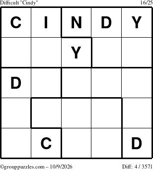 The grouppuzzles.com Difficult Cindy puzzle for Friday October 9, 2026