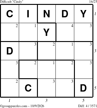 The grouppuzzles.com Difficult Cindy puzzle for Friday October 9, 2026 with all 4 steps marked
