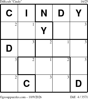 The grouppuzzles.com Difficult Cindy puzzle for Friday October 9, 2026 with the first 3 steps marked