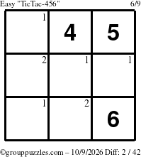 The grouppuzzles.com Easy TicTac-456 puzzle for Friday October 9, 2026 with the first 2 steps marked