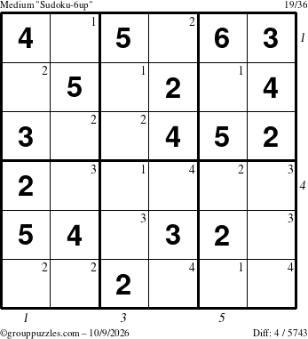 The grouppuzzles.com Medium Sudoku-6up puzzle for Friday October 9, 2026, suitable for printing, with all 4 steps marked